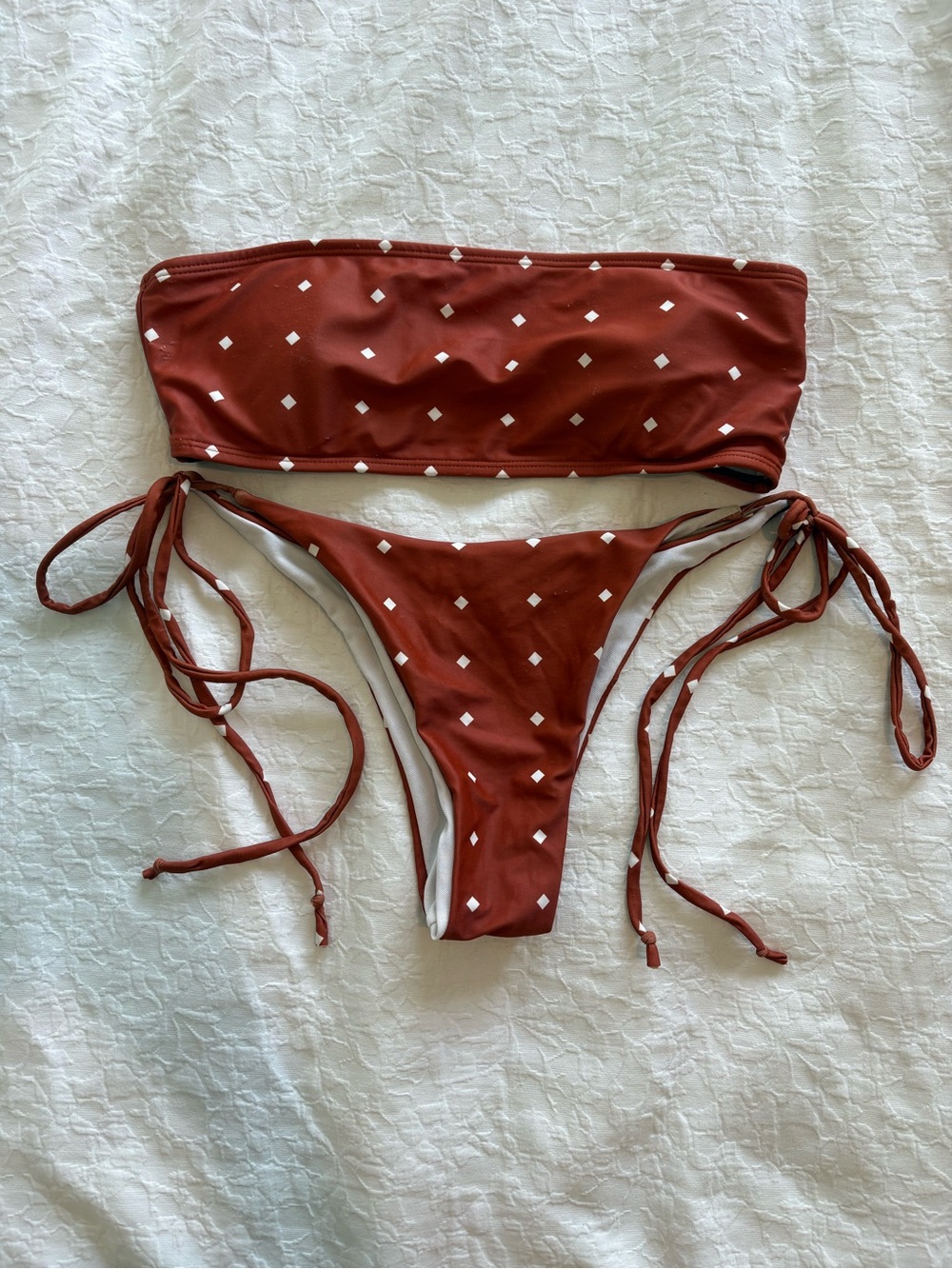 Zaful Rust Bandeau Bikini with White Diamond Print